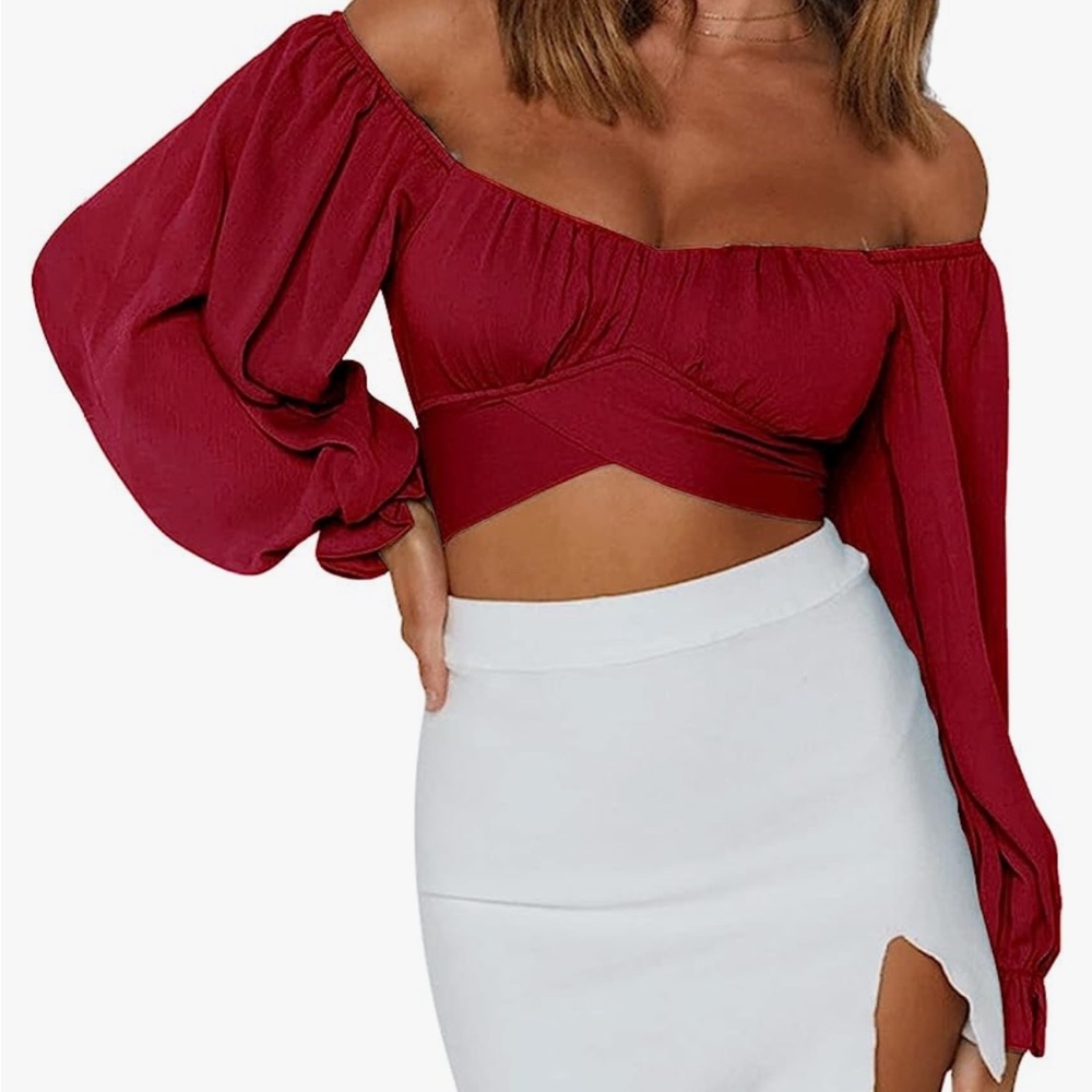 Red Puff Sleeve Blouse with Tie Front and Smocked Details